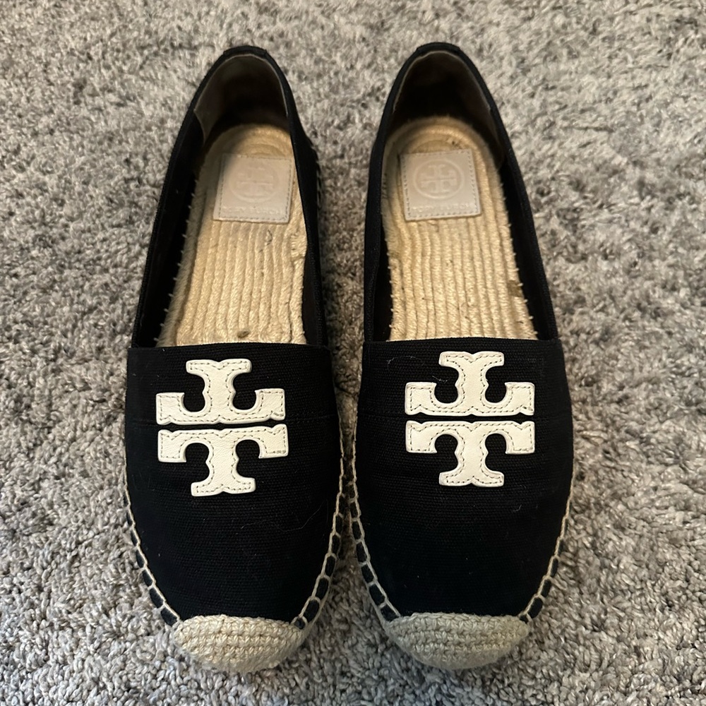 Tory Burch Black Espadrille Flats with Logo